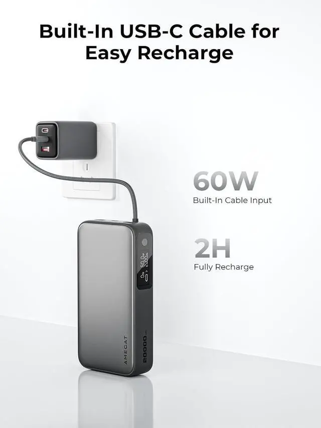 Alt view image 5 of 7 - Portable Charger 20000mAh, 100W PD Fast Charging Power Bank with Built-in USB C Cable Smart Digital Display Laptop Battery Pack for MacBook, iPad, iPhone, Samsung, Steam Deck and More