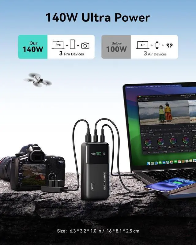 Alt view image 3 of 7 - INIU 140W Power Bank, Compact 25000mAh High Capacity Laptop Portable Charger, USB C in&Out Tablet Powerbank, Smart Digital Display Phone Charger for iPhone 16 15, Samsung, iPad, MacBook, Laptop etc.