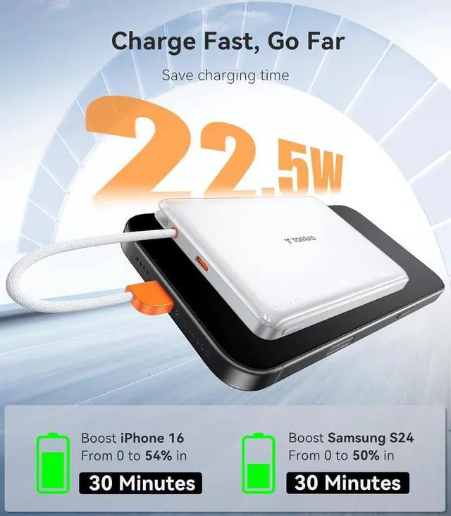 Alt view image 2 of 7 - TORRAS Power Bank with Built-in USB-C Cable, Ultra-Slim 10,000mAh Portable Charger USB C, 22.5W Fast Charging Battery Pack for iPhone 16/15/Samsung S25 Ultra/Android, Glacier White (No-Wireless)