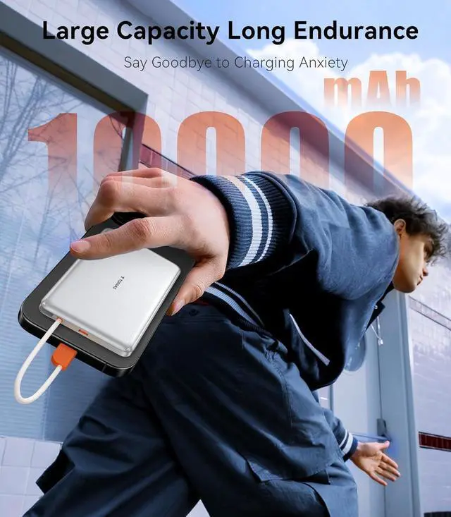 Alt view image 3 of 7 - TORRAS Power Bank with Built-in USB-C Cable, Ultra-Slim 10,000mAh Portable Charger USB C, 22.5W Fast Charging Battery Pack for iPhone 16/15/Samsung S25 Ultra/Android, Glacier White (No-Wireless)