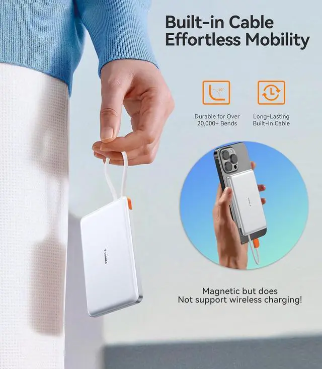 Alt view image 4 of 7 - TORRAS Power Bank with Built-in USB-C Cable, Ultra-Slim 10,000mAh Portable Charger USB C, 22.5W Fast Charging Battery Pack for iPhone 16/15/Samsung S25 Ultra/Android, Glacier White (No-Wireless)