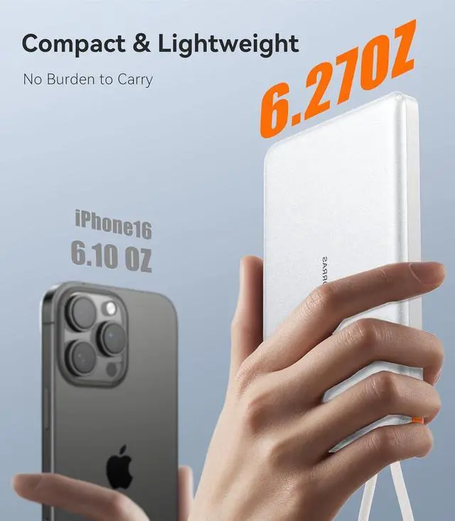 Alt view image 6 of 7 - TORRAS Power Bank with Built-in USB-C Cable, Ultra-Slim 10,000mAh Portable Charger USB C, 22.5W Fast Charging Battery Pack for iPhone 16/15/Samsung S25 Ultra/Android, Glacier White (No-Wireless)