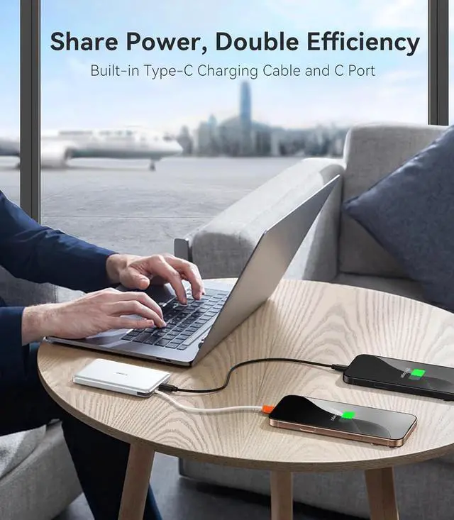 Alt view image 7 of 7 - TORRAS Power Bank with Built-in USB-C Cable, Ultra-Slim 10,000mAh Portable Charger USB C, 22.5W Fast Charging Battery Pack for iPhone 16/15/Samsung S25 Ultra/Android, Glacier White (No-Wireless)