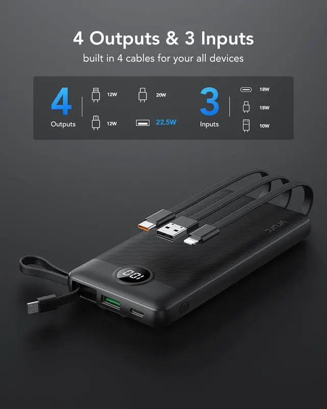 Alt view image 3 of 7 - VRURC Portable Charger, 22.5W Power Bank 10000mAh, USB-C Cable in & Out Fast Charging Battery Pack, Compact Travel Essential 4 Outputs 3 Inputs for iPhone 16 15 14 13,Samsung, Android etc-Black