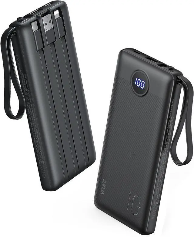 Main image of VRURC Portable Charger, 22.5W Power Bank 10000mAh, USB-C Cable in & Out Fast Charging Battery Pack, Compact Travel Essential 4 Outputs 3 Inputs for iPhone 16 15 14 13,Samsung, Android etc-Black
