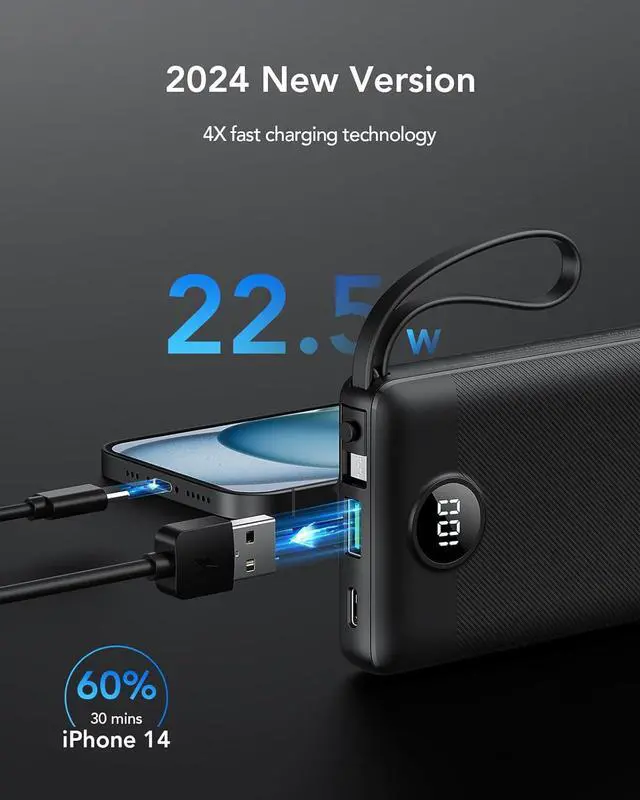 Alt view image 2 of 7 - VRURC Portable Charger, 22.5W Power Bank 10000mAh, USB-C Cable in & Out Fast Charging Battery Pack, Compact Travel Essential 4 Outputs 3 Inputs for iPhone 16 15 14 13,Samsung, Android etc-Black