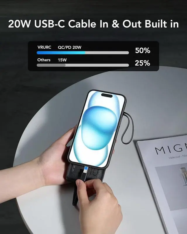 Alt view image 4 of 7 - VRURC Portable Charger, 22.5W Power Bank 10000mAh, USB-C Cable in & Out Fast Charging Battery Pack, Compact Travel Essential 4 Outputs 3 Inputs for iPhone 16 15 14 13,Samsung, Android etc-Black