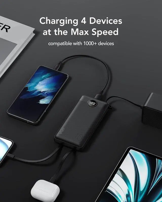 Alt view image 5 of 7 - VRURC Portable Charger, 22.5W Power Bank 10000mAh, USB-C Cable in & Out Fast Charging Battery Pack, Compact Travel Essential 4 Outputs 3 Inputs for iPhone 16 15 14 13,Samsung, Android etc-Black
