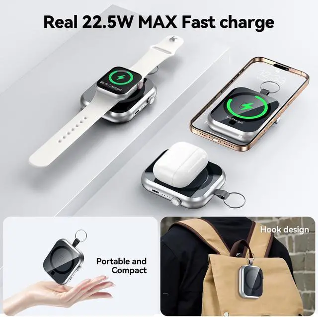 Alt view image 2 of 7 - Magnetic Power Bank 10000mAh with Detachable Lanyard-3-in-1 Magnetic Wireless Charger,22.5W PD Fast Charging,Compact Portable Battery Pack for iPhone 16/15/14/13/12,Apple Watch & AirPods