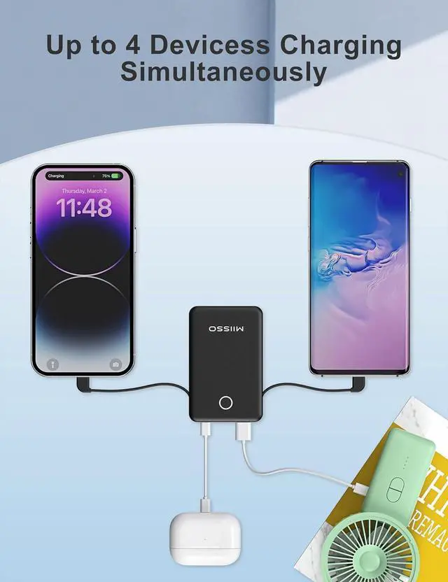 Alt view image 7 of 7 - 6000mah Ultra Slim Built in Cables Power Bank, Card Size Built in USB C Cords Battery Pack Portable Charger for Phones, 3 Output External Battery Pack Compatible with iPhone, Samsung, Deep Black