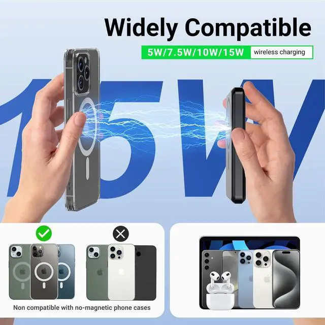 Alt view image 2 of 7 - for Magsafe Battery Pack 10,000mAh, 4 Outputs & 2 Inputs Wireless Portable Charger Power Bank with 2 Built-in Cables & USB-C Fast Charging, Magnetic for iPhone 15/14/13/12 Pro/Max/Plus, Kickstand