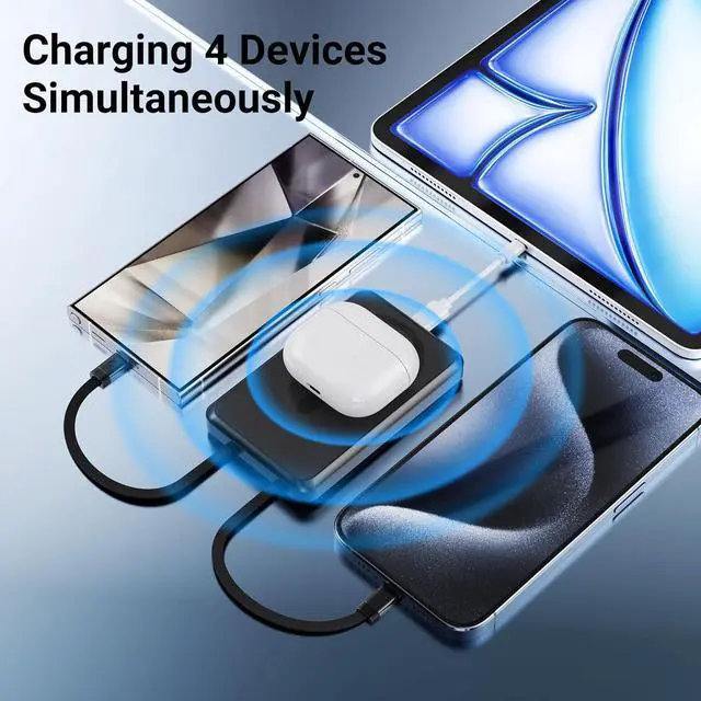 Alt view image 4 of 7 - for Magsafe Battery Pack 10,000mAh, 4 Outputs & 2 Inputs Wireless Portable Charger Power Bank with 2 Built-in Cables & USB-C Fast Charging, Magnetic for iPhone 15/14/13/12 Pro/Max/Plus, Kickstand