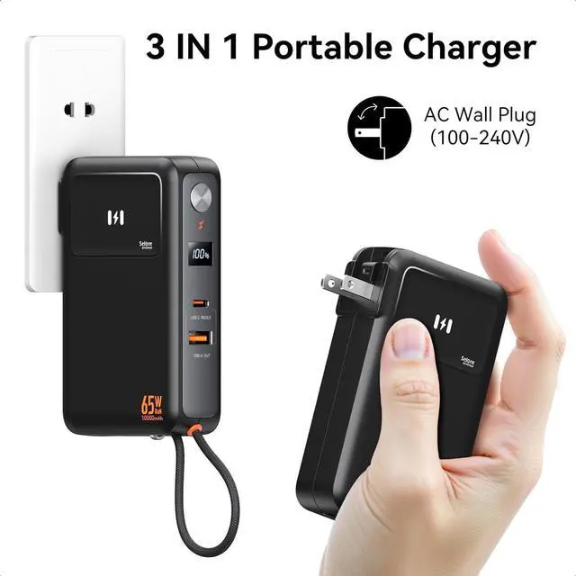 Alt view image 2 of 7 - Fast Charging Portable Charger Power Bank 10 000mAh PD35W USB-C Battery Pack with 65W GaN Wall Charger Built in USB C Cable for iPhone 16/1514/13 Series Laptop  Pixel MacBook