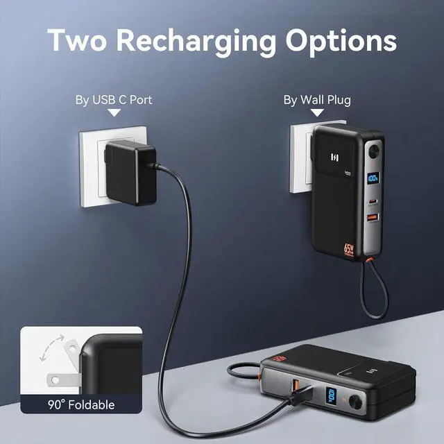 Alt view image 4 of 7 - Fast Charging Portable Charger Power Bank 10 000mAh PD35W USB-C Battery Pack with 65W GaN Wall Charger Built in USB C Cable for iPhone 16/1514/13 Series Laptop  Pixel MacBook