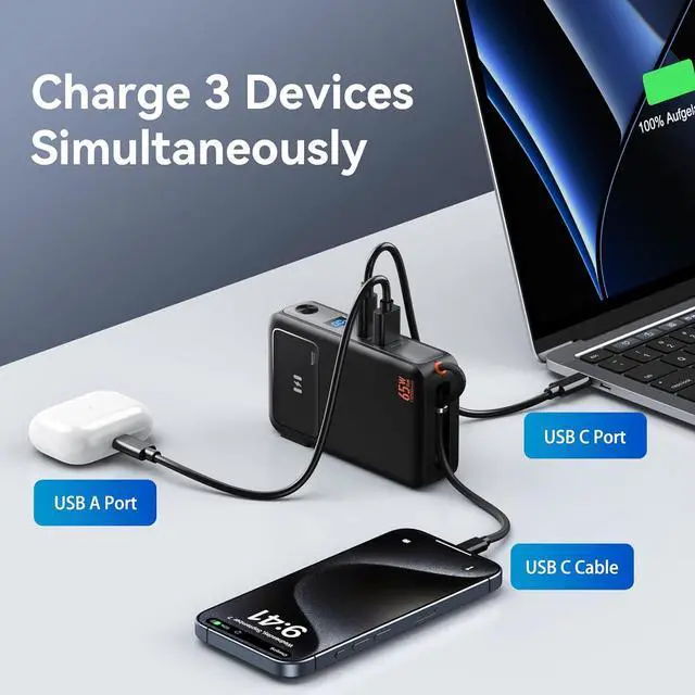 Alt view image 5 of 7 - Fast Charging Portable Charger Power Bank 10 000mAh PD35W USB-C Battery Pack with 65W GaN Wall Charger Built in USB C Cable for iPhone 16/1514/13 Series Laptop  Pixel MacBook