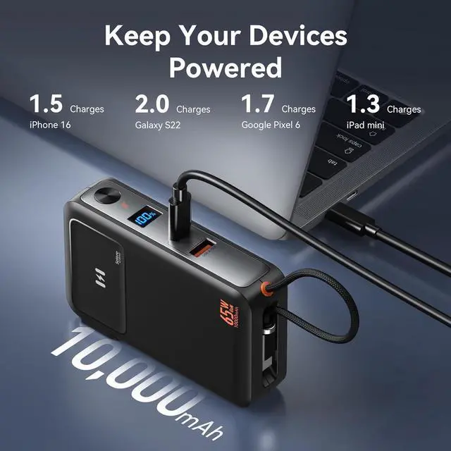 Alt view image 7 of 7 - Fast Charging Portable Charger Power Bank 10 000mAh PD35W USB-C Battery Pack with 65W GaN Wall Charger Built in USB C Cable for iPhone 16/1514/13 Series Laptop  Pixel MacBook