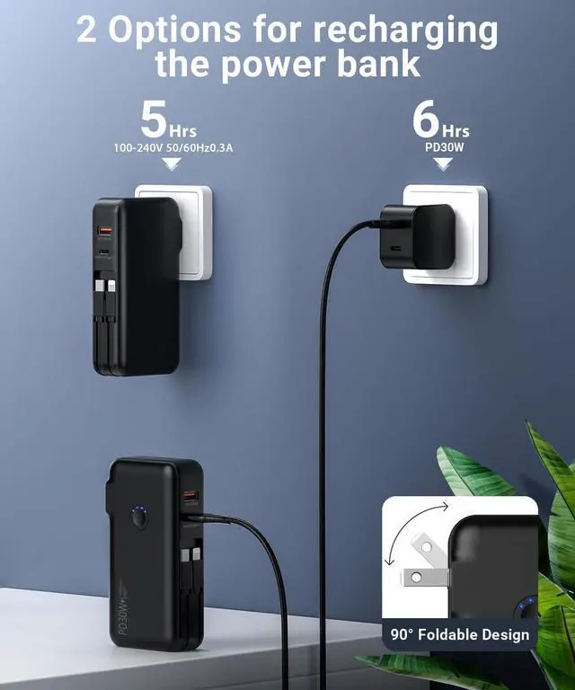 Alt view image 4 of 7 - Portable Charger, Power Bank, 16000mAh Power Bank Built-in AC Wall Plug and Cables, PD 30W and QC4.0 Fast Charger for iPhone and Android Phones and Most Electronic Devices (Black)