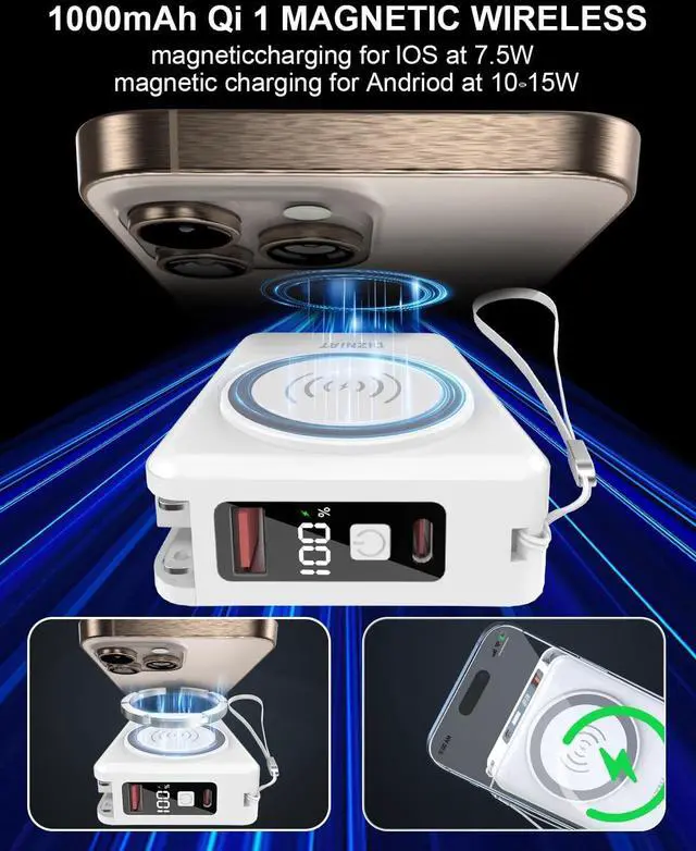 Alt view image 2 of 7 - for Magsafe Portable Charger Power Bank 10000mAh, 22.5W Battery Pack Fast Charging Wall Plug Power Bank for iPhone Andriod Sumsung Travel Charger with Built in USB C & Lightning Cables