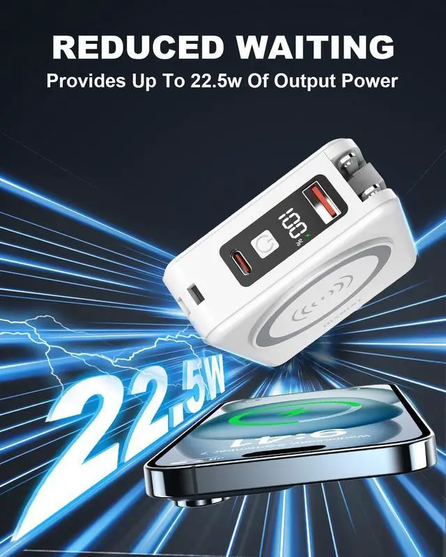 Alt view image 5 of 7 - for Magsafe Portable Charger Power Bank 10000mAh, 22.5W Battery Pack Fast Charging Wall Plug Power Bank for iPhone Andriod Sumsung Travel Charger with Built in USB C & Lightning Cables