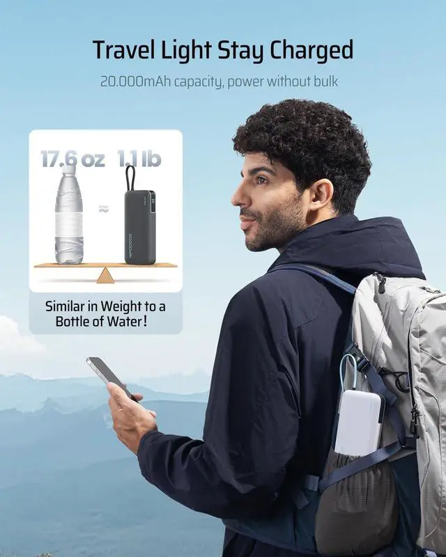 Alt view image 5 of 7 - 45W Power Bank 20000mAh Portable Travel Charger Built-in USB C Cable Fast Charging Battery Pack for iPhone 16/15/14/13 iPad  Galaxy Google Pixel Android and More (Gray)