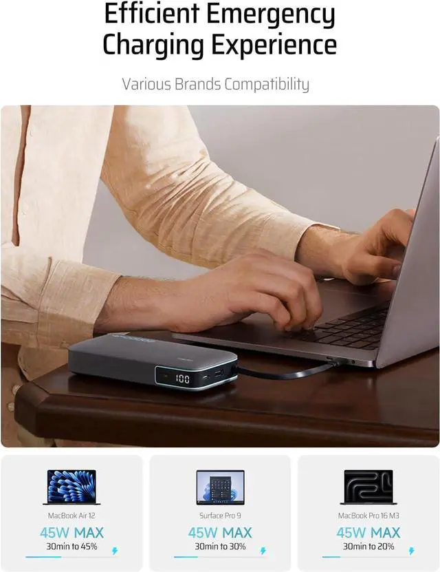 Alt view image 7 of 7 - 45W Power Bank 20000mAh Portable Travel Charger Built-in USB C Cable Fast Charging Battery Pack for iPhone 16/15/14/13 iPad  Galaxy Google Pixel Android and More (Gray)