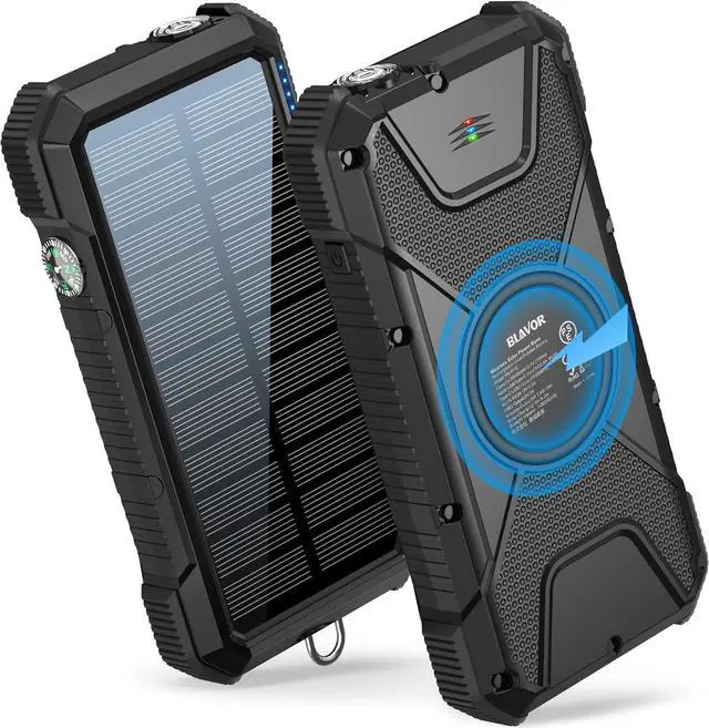 Main image of BLAVOR Solar Power Bank, PD18W QC3.0 Fast Charging 10W Wireless Charger 20000mAh Solar Powered Powerbank with Type C Input/Output, IPX5 Waterproof, Camping Flashlight, Compass, Carabiner