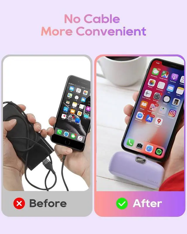 Alt view image 5 of 7 - Kuulaa Portable Charger with Built-in Lightning Cable 5000mAh Small iPhone Fast Charging Mini Portable Phone Charger for iPhone 14/13/13 Pro/12/12 Pro/11/XR/XS/X/8/7/6, Purple