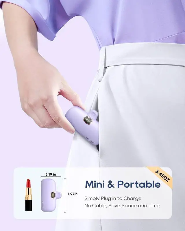 Alt view image 6 of 7 - Kuulaa Portable Charger with Built-in Lightning Cable 5000mAh Small iPhone Fast Charging Mini Portable Phone Charger for iPhone 14/13/13 Pro/12/12 Pro/11/XR/XS/X/8/7/6, Purple