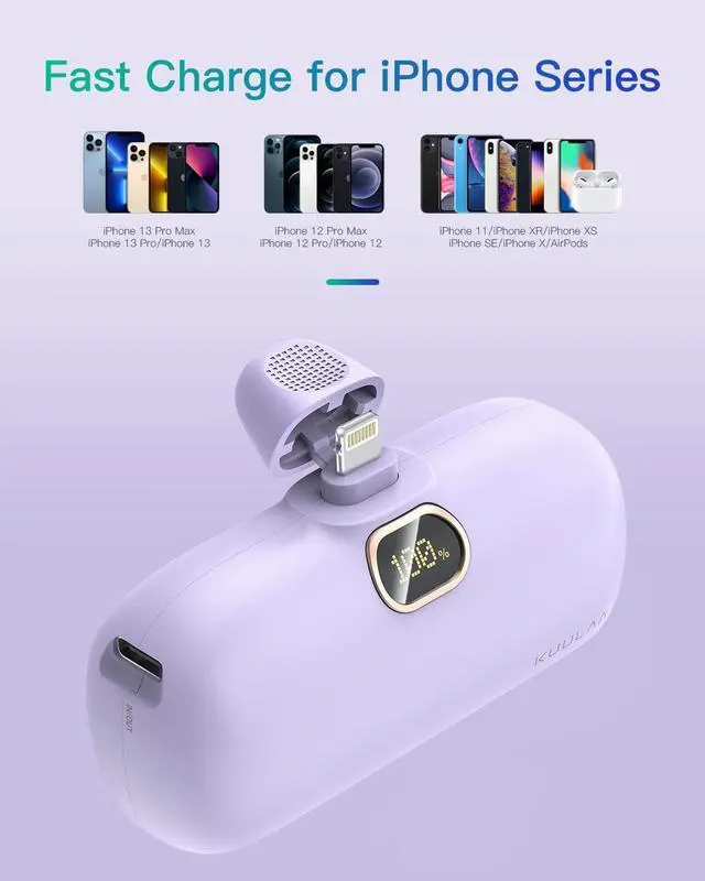 Alt view image 7 of 7 - Kuulaa Portable Charger with Built-in Lightning Cable 5000mAh Small iPhone Fast Charging Mini Portable Phone Charger for iPhone 14/13/13 Pro/12/12 Pro/11/XR/XS/X/8/7/6, Purple