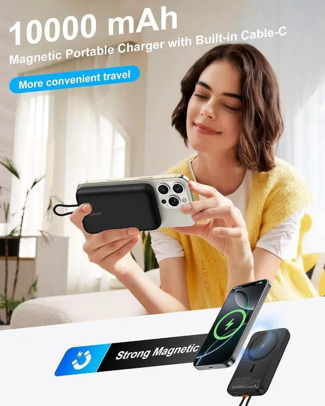 Alt view image 2 of 7 - AsperX for Magsafe Power Bank, 10,000mAh Magnetic Battery Pack Built-in USB-C PD 22.5W Fast Charging, LCD Display, Magnetic Portable Charger Compatible for iPhone 16/15/14/13/12 Series, Black
