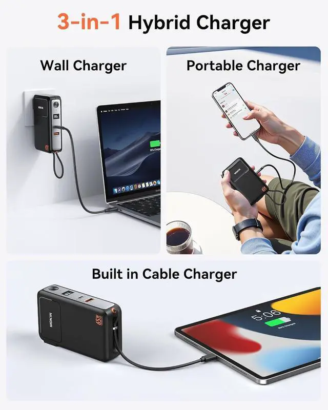 Alt view image 5 of 7 - Portable Charger 3 in 1, 10000mAh Power Bank Built in Cable and AC Wall Plug 65W, Phone Battery Pack Fast Charging 35W Max, USB C Travel Chargers for iPhone 16 15 Series, Samsung, MacBook, Laptop