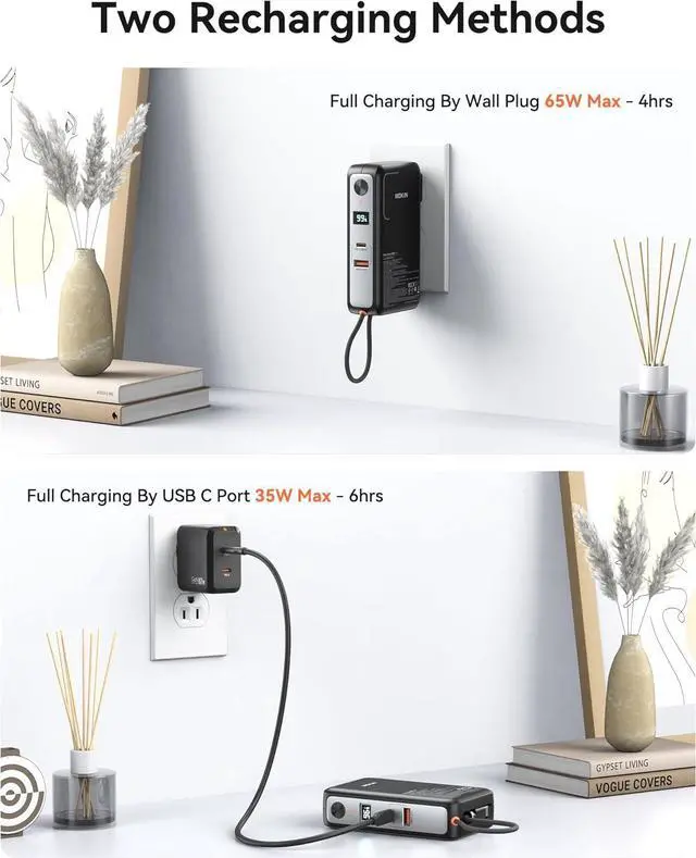 Alt view image 6 of 7 - Portable Charger 3 in 1, 10000mAh Power Bank Built in Cable and AC Wall Plug 65W, Phone Battery Pack Fast Charging 35W Max, USB C Travel Chargers for iPhone 16 15 Series, Samsung, MacBook, Laptop