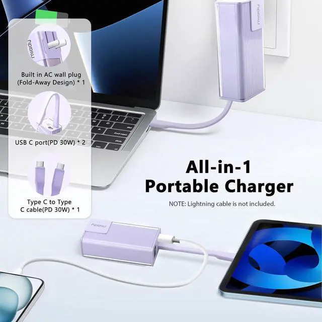Alt view image 2 of 7 - Miady Portable Charger Built-in Foldable Wall Plug, PD 30W 10000mAh Compact Power Bank has USB-C Cable & LED Display, Travel Essential Battery Pack Compatible with iPhone Galaxy Smartphones (Purple)