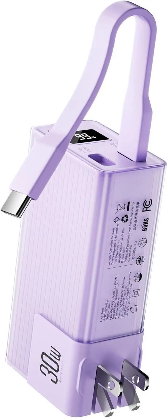 Main image of Miady Portable Charger Built-in Foldable Wall Plug, PD 30W 10000mAh Compact Power Bank has USB-C Cable & LED Display, Travel Essential Battery Pack Compatible with iPhone Galaxy Smartphones (Purple)