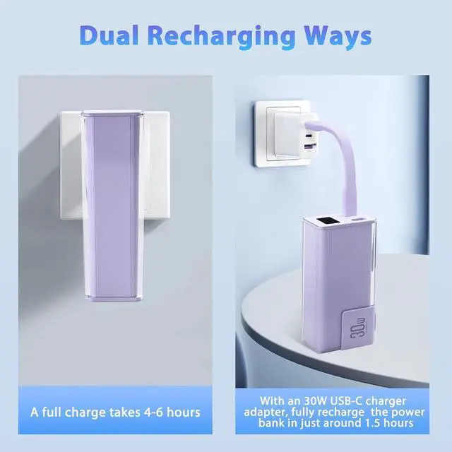 Alt view image 3 of 7 - Miady Portable Charger Built-in Foldable Wall Plug, PD 30W 10000mAh Compact Power Bank has USB-C Cable & LED Display, Travel Essential Battery Pack Compatible with iPhone Galaxy Smartphones (Purple)