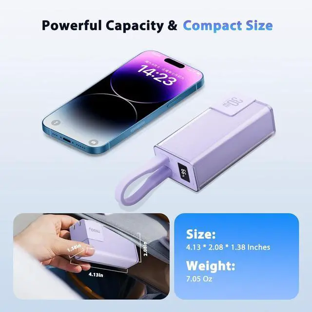 Alt view image 4 of 7 - Miady Portable Charger Built-in Foldable Wall Plug, PD 30W 10000mAh Compact Power Bank has USB-C Cable & LED Display, Travel Essential Battery Pack Compatible with iPhone Galaxy Smartphones (Purple)