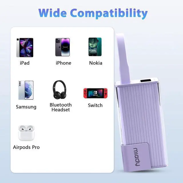 Alt view image 7 of 7 - Miady Portable Charger Built-in Foldable Wall Plug, PD 30W 10000mAh Compact Power Bank has USB-C Cable & LED Display, Travel Essential Battery Pack Compatible with iPhone Galaxy Smartphones (Purple)