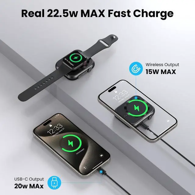 Alt view image 3 of 7 - Wireless Portable Charger,3-in-1 Magnetic Power Bank 5000mAh,22.5W Fast Charging USB-C Mag-Safe Battery Pack,Compatible with iPhone 16/15/14/13/12,Apple Watch Series,Airpods