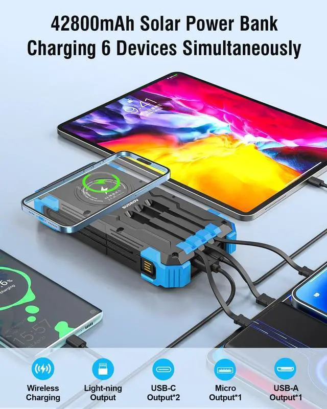 Alt view image 2 of 7 - Solar Charger Power Bank, 42800mAh Wireless Portable Charger with USB-C in/Output, QC3.0 Fast Charging 15W 4 Ports Outdoor Battery Pack Built-in Dual Led Flashlights for iPhone Samsung etc