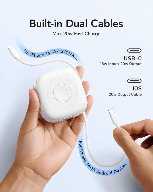 Alt view image 3 of 7 - charmast Magnetic Portable Charger, 10000mAh Wireless Power Bank 20W Fast Charging, Travel Essential Battery Pack Built-in USB C Cable for iPhone 16/15/14/13 All Series, AirPods, Apple Watch, Android