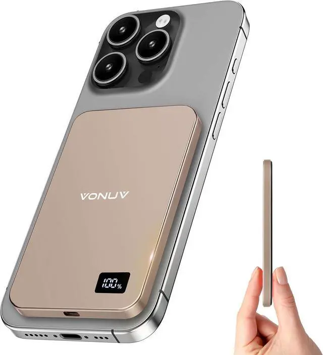 Main image of Magnetic Portable Charger 5000mAh, 15W Ultra Slim Wireless Portable Charger, Fast Charging for iPhone 16/15/14/13/12 Pro/Pro Max/Plus, Metal Shell, USB-C Cable to Charge Other Phones (Gold)