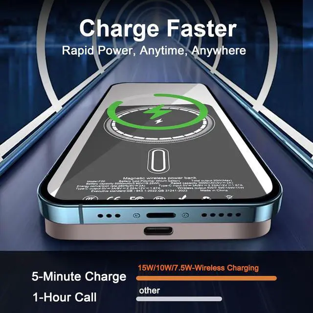 Alt view image 2 of 6 - Magnetic Portable Charger 5000mAh, 15W Ultra Slim Wireless Portable Charger, Fast Charging for iPhone 16/15/14/13/12 Pro/Pro Max/Plus, Metal Shell, USB-C Cable to Charge Other Phones (Gold)
