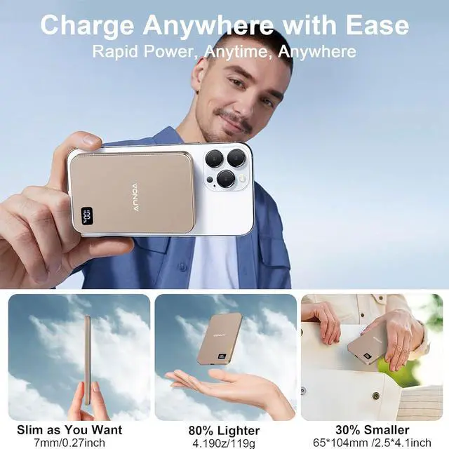 Alt view image 6 of 6 - Magnetic Portable Charger 5000mAh, 15W Ultra Slim Wireless Portable Charger, Fast Charging for iPhone 16/15/14/13/12 Pro/Pro Max/Plus, Metal Shell, USB-C Cable to Charge Other Phones (Gold)