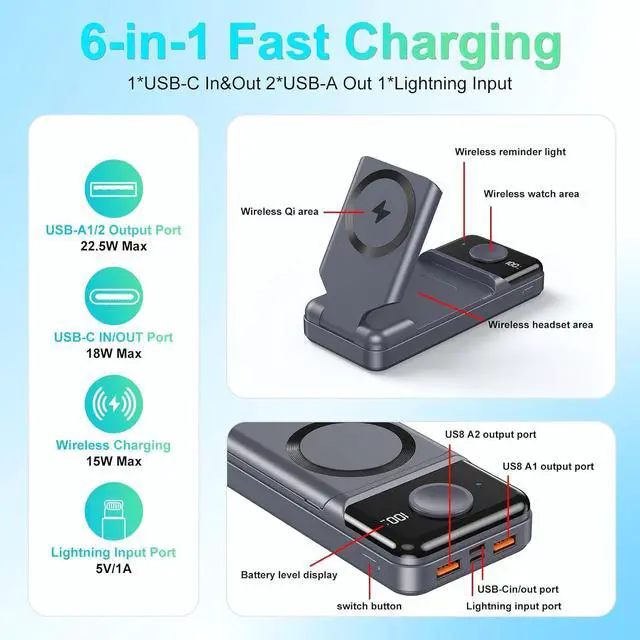 Alt view image 6 of 6 - Magnetic Protable Charger Power Bank: 23800mAh Battery Wireless Charging Stand & LED Display, 22.5W Fast Charging, Compatible with iPhone 15/14/13 Series, Apple Watch, AirPods 3/2/Pro