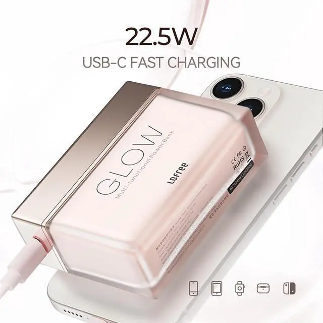 Alt view image 3 of 7 - LOFREE Glow Power Bank, Compact Lightweight 10,000mAh Portable Charger with 3 LED Light Effects, Max 22.5W USB-C Fast Charging for iPhone, iPad, Samsung Galaxy, Pixel (180° Blazing Hour)