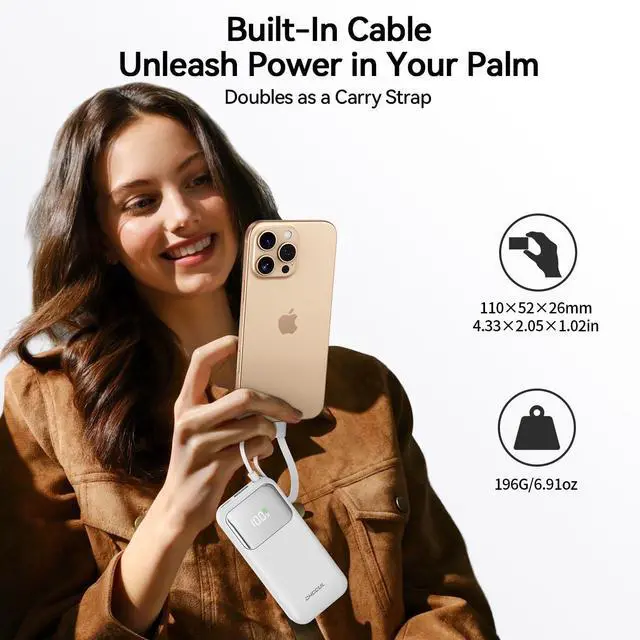 Alt view image 2 of 7 - Portable Charger, 10,000mAh 35W Power Bank with Built-in USB-C Cable for Travel, Fast Charging Battery Pack for iPhone 16/15 Series, MacBook, Galaxy, iPad, AirPod,and More
