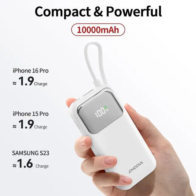 Alt view image 4 of 7 - Portable Charger, 10,000mAh 35W Power Bank with Built-in USB-C Cable for Travel, Fast Charging Battery Pack for iPhone 16/15 Series, MacBook, Galaxy, iPad, AirPod,and More