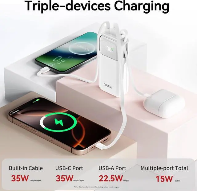Alt view image 5 of 7 - Portable Charger, 10,000mAh 35W Power Bank with Built-in USB-C Cable for Travel, Fast Charging Battery Pack for iPhone 16/15 Series, MacBook, Galaxy, iPad, AirPod,and More