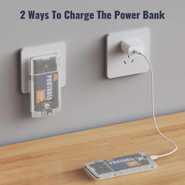 Alt view image 2 of 7 - Portable Power Bank, Slim10000mAh Portable Charger, 20W USB C External Battery Pack with Built-in AC Wall Plug, Three Cables Compatible with iPhone Tablet Smartphone and More (Transparent)