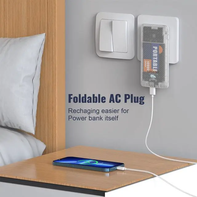 Alt view image 6 of 7 - Portable Power Bank, Slim10000mAh Portable Charger, 20W USB C External Battery Pack with Built-in AC Wall Plug, Three Cables Compatible with iPhone Tablet Smartphone and More (Transparent)